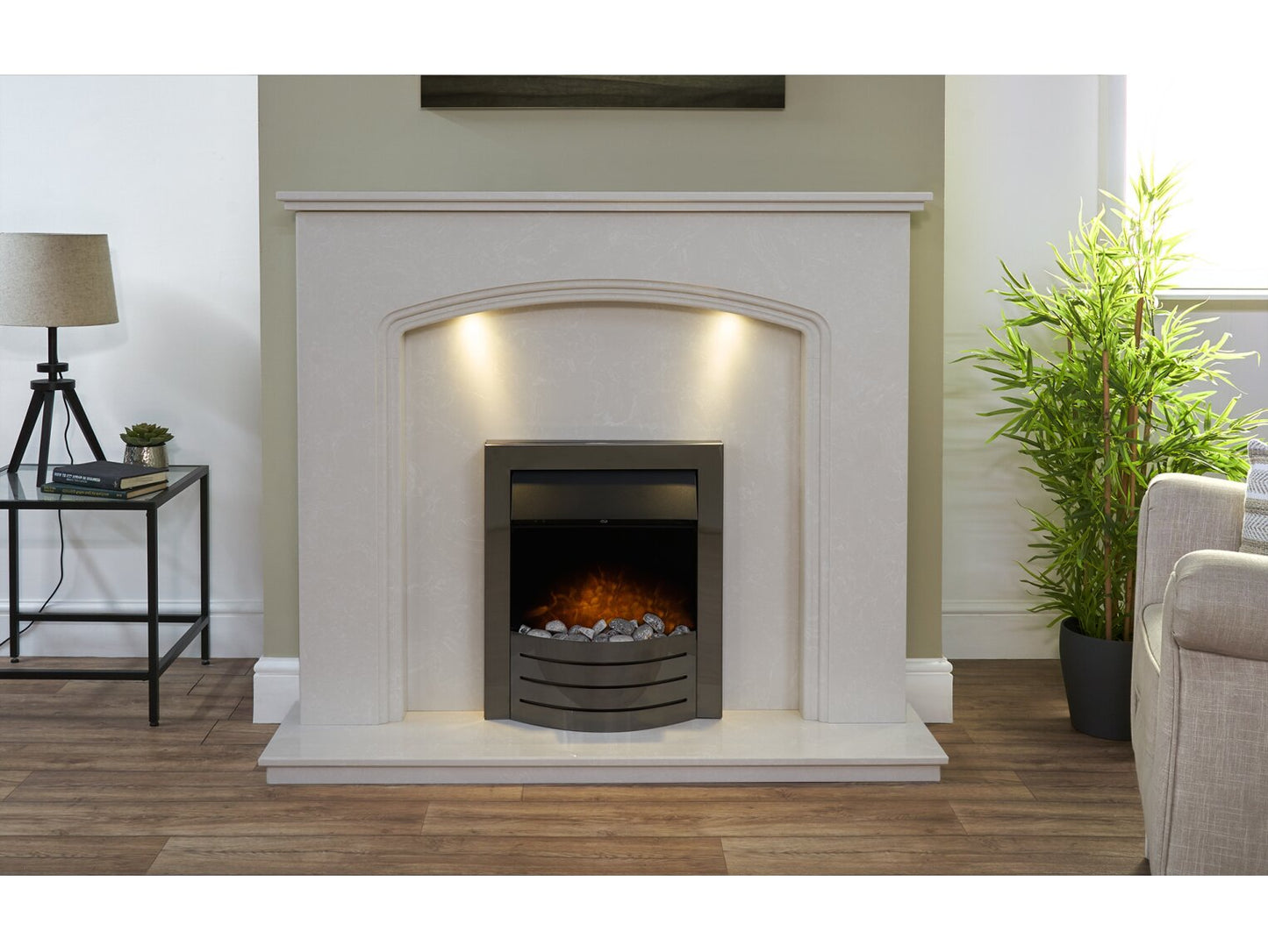 Vienna Perola Marble Fireplace with Downlights & Comet Electric Fire in Black Nickel, 54 Inch