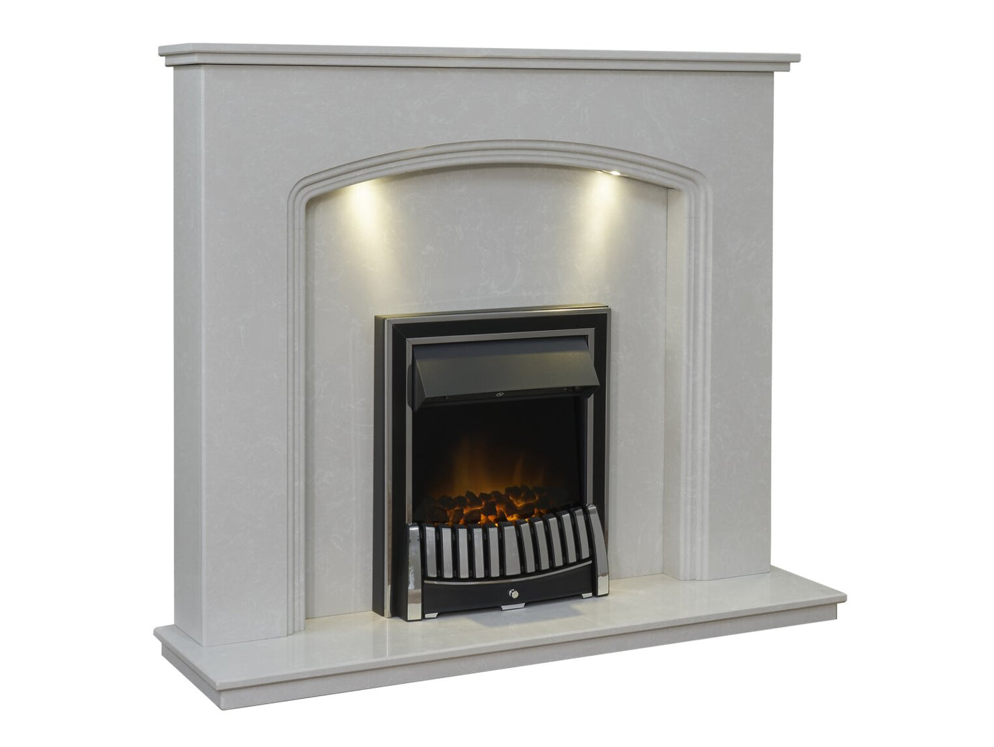 Vienna Perola Marble Fireplace with Downlights & Elan Electric Fire in Chrome, 54 Inch