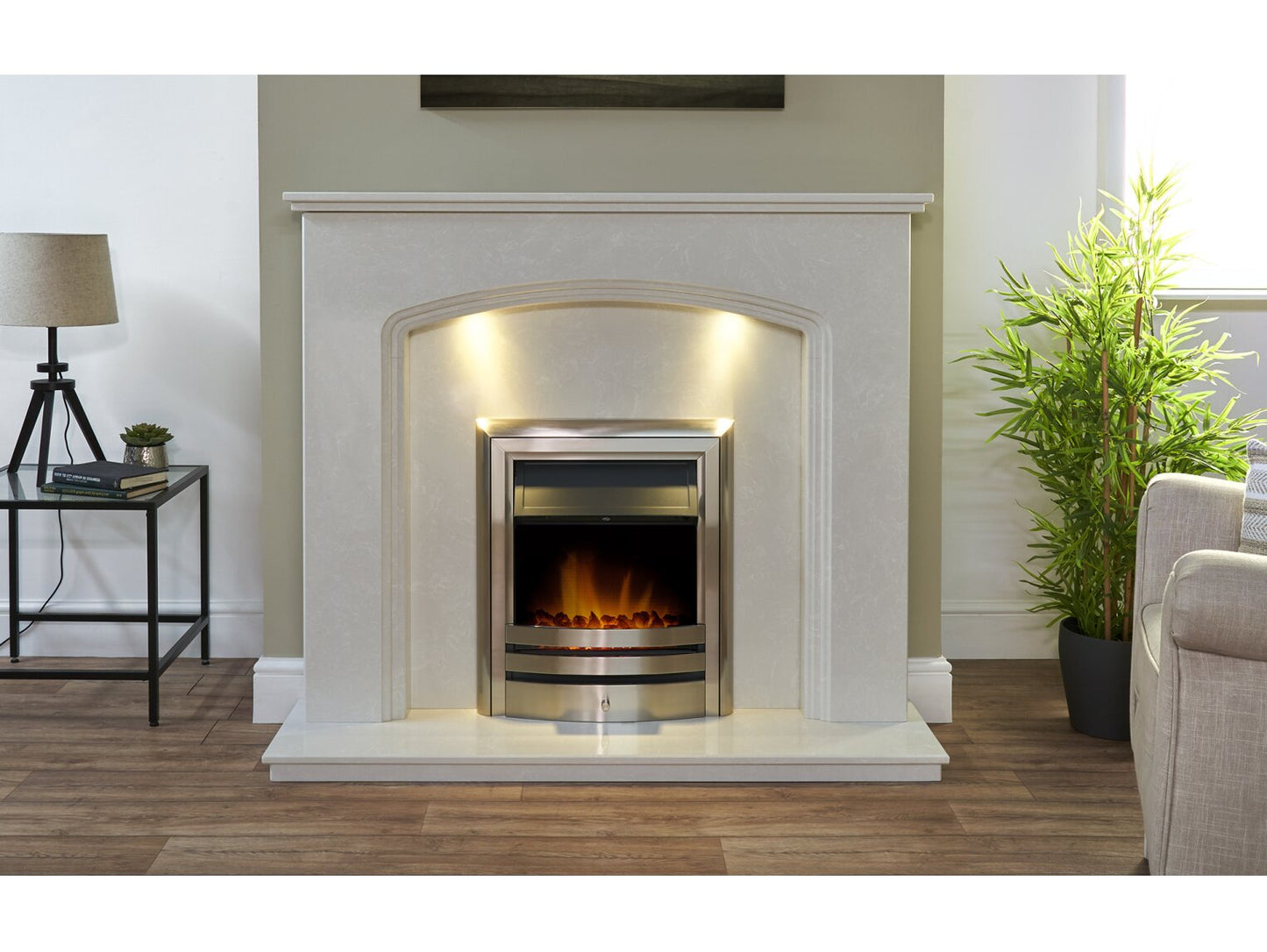 Vienna Perola Marble Fireplace with Downlights & Vela Electric Fire in Brushed Steel, 54 Inch