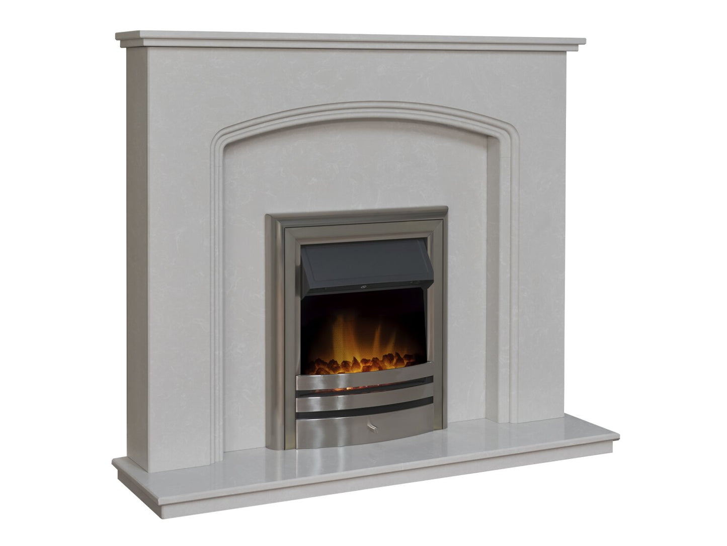 Vienna Perola Marble Fireplace with Downlights & Vela Electric Fire in Brushed Steel, 54 Inch