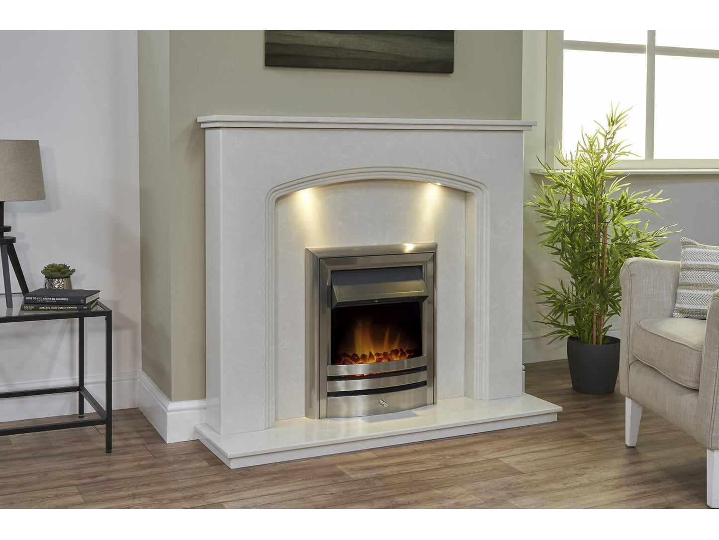 Vienna Perola Marble Fireplace with Downlights & Vela Electric Fire in Brushed Steel, 54 Inch