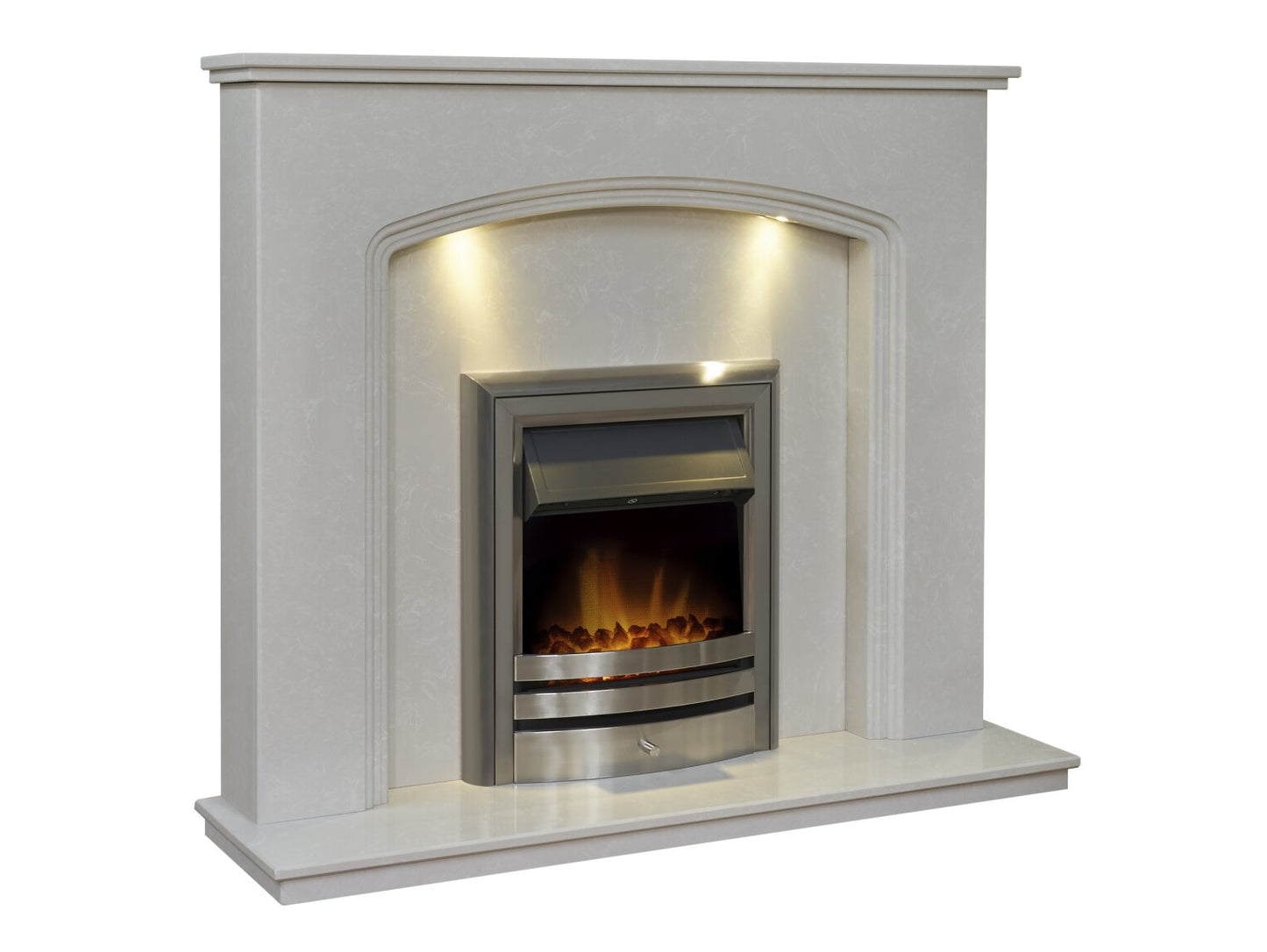 Vienna Perola Marble Fireplace with Downlights & Vela Electric Fire in Brushed Steel, 54 Inch