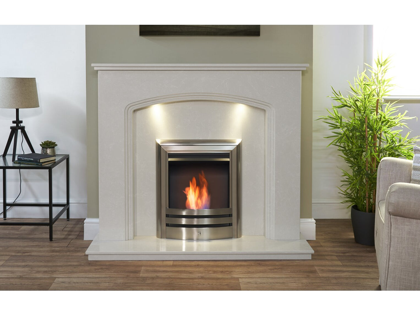 Vienna Perola Marble Fireplace with Downlights & Vela Bio Ethanol Fire in Brushed Steel, 54 Inch