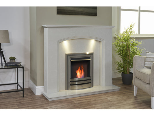 Vienna Perola Marble Fireplace with Downlights & Vela Bio Ethanol Fire in Brushed Steel, 54 Inch