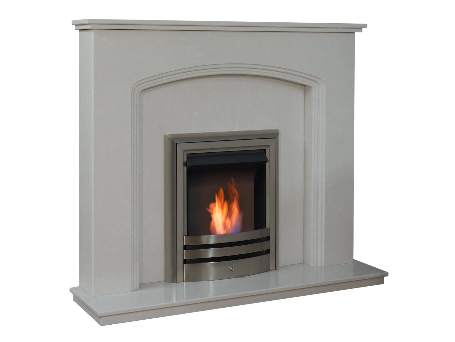 Vienna Perola Marble Fireplace with Downlights & Vela Bio Ethanol Fire in Brushed Steel, 54 Inch