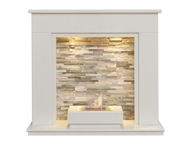 Amalfi White Marble Fireplace with Downlights & Altea Bio Ethanol Burner, 48 Inch