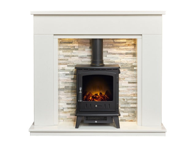 Amalfi White Marble Fireplace with Downlights & Aviemore Electric Stove in Black, 48 Inch