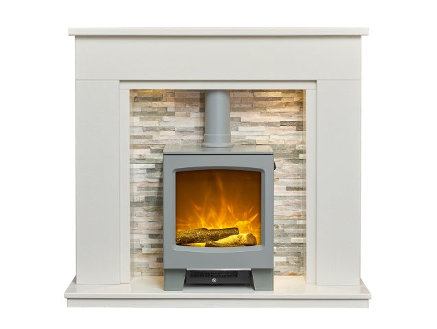 Amalfi White Marble Fireplace with Downlights & Lunar Electric Stove in Grey, 48 Inch