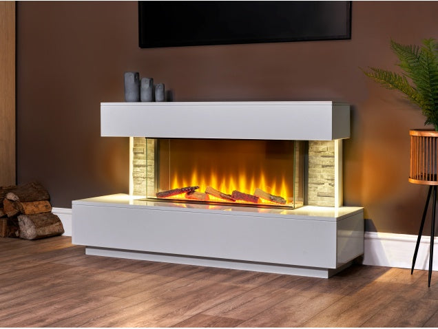 Aspen White Marble & Slate Fireplace Suite with Downlights, 50 Inch - MADE TO ORDER