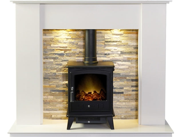 Auckland Crystal White Marble Stove Fireplace with Downlights & Aviemore Electric Stove in Black, 54 Inch