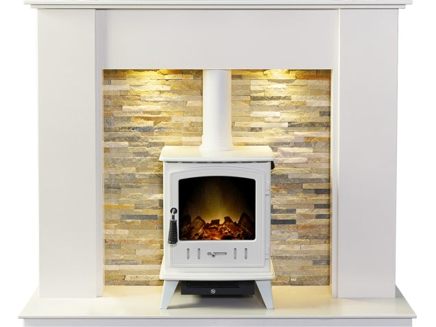 Auckland Crystal White Marble Stove Fireplace with Downlights & Aviemore Electric Stove in White Enamel, 54 Inch