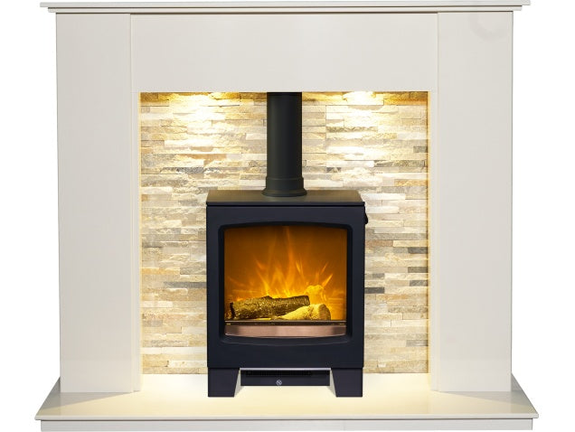 Auckland Crystal White Marble Stove Fireplace with Downlights & Lunar Electric Stove in Charcoal Grey, 54 Inch