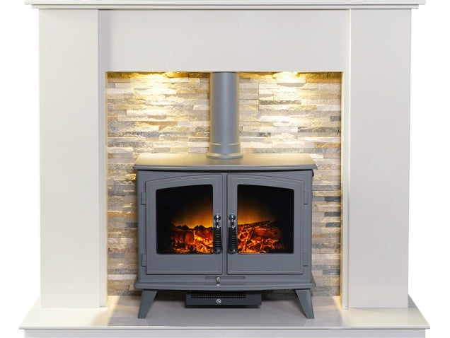 Auckland Crystal White Marble Stove Fireplace with Downlights & Woodhouse Electric Stove in Grey, 54 Inch