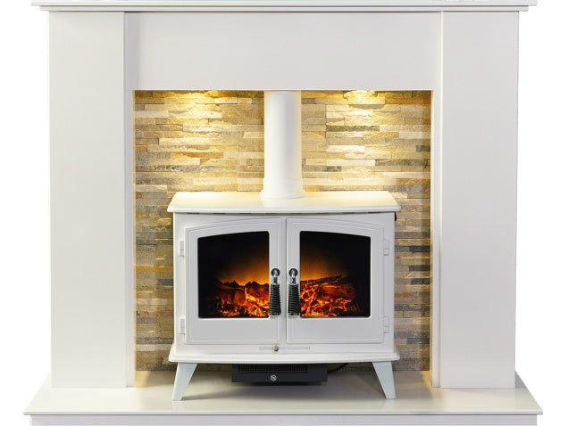 Auckland Crystal White Marble Stove Fireplace with Downlights & Woodhouse Electric Stove in White, 54 Inch