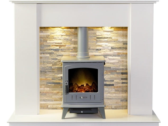 Auckland Crystal White Stove Fireplace with Downlights & Aviemore Electric Stove in Grey Enamel, 54 Inch