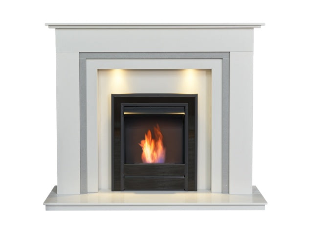 Austin Crystal White & Grey Marble Fireplace with Downlights & Argo Bio Ethanol Fire in Black Nickel, 54 Inch