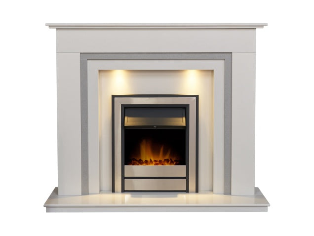 Austin Crystal White & Grey Marble Fireplace with Downlights & Argo Electric Fire in Brushed Steel, 54 Inch