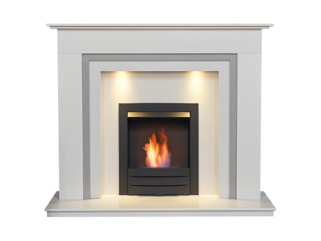 Austin Crystal White & Grey Marble Fireplace with Downlights & Colorado Bio Ethanol Fire in Black, 54 Inch