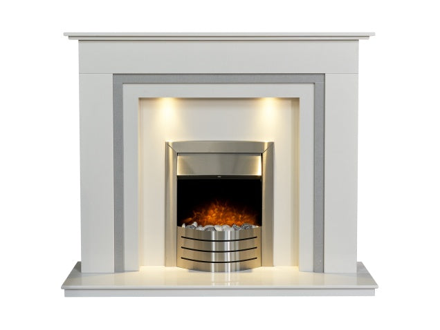 Austin Crystal White & Grey Marble Fireplace with Downlights & Comet Electric Fire in Brushed Steel, 54 Inch