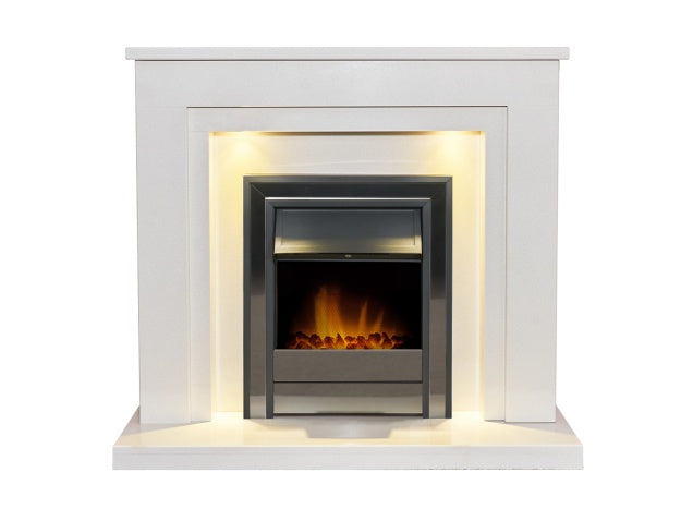 Dallas White Marble Fireplace with Downlights & Argo Electric Fire in Black Nickel, 42 Inch