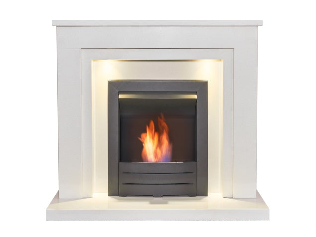 Dallas White Marble Fireplace with Downlights & Colorado Bio Ethanol Fire in Black, 42 Inch