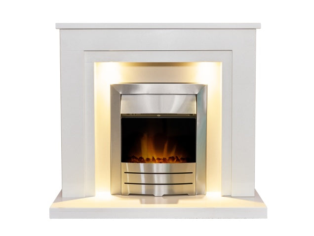 Dallas White Marble Fireplace with Downlights & Colorado Electric Fire in Brushed Steel, 42 Inch