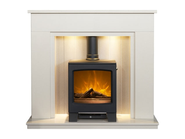 Larissa White & Grey Marble Stove Fireplace with Downlights & Lunar Electric Stove in Charcoal Grey, 48 Inch