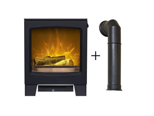 Lunar Electric Stove in Charcoal Grey with Tall Angled Stove Pipe in Black