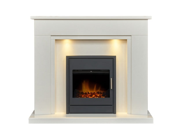 Maine White Marble Fireplace with Downlights & Alta Electric Inset Stove in Black, 48 Inch