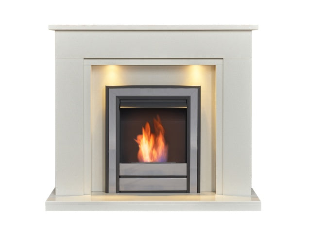 Maine White Marble Fireplace with Downlights & Argo Bio Ethanol Fire in Black Nickel, 48 Inch