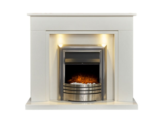 Maine White Marble Fireplace with Downlights & Astralis 6-in-1 Electric Fire in Chrome, 48 Inch