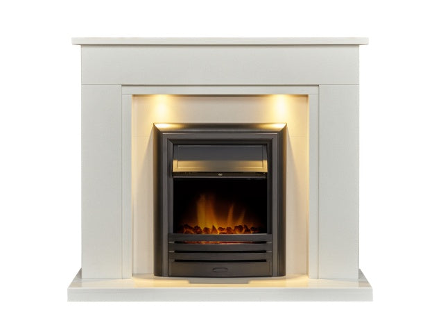 Maine White Marble Fireplace with Downlights & Carolina Electric Fire in Black, 48 Inch