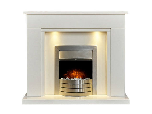 Maine White Marble Fireplace with Downlights & Comet Electric Fire in Brushed Steel, 48 Inch