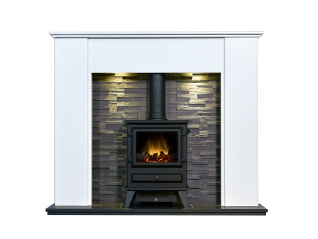 Montara Crystal White Marble Fireplace with Downlights & Hudson Electric Stove in Black, 54 Inch