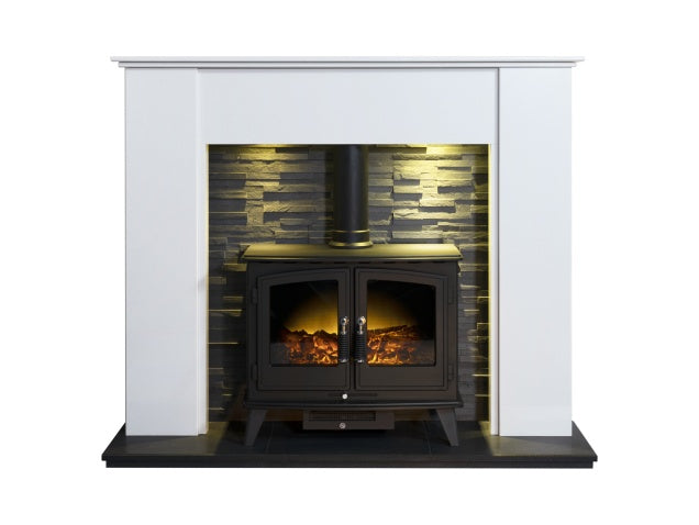 Montara Crystal White Marble Fireplace with Downlights & Woodhouse Electric Stove in Black, 54 Inch