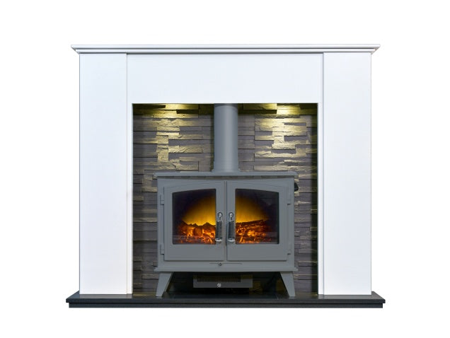 Montara Crystal White Marble Fireplace with Downlights & Woodhouse Electric Stove in Grey, 54 Inch