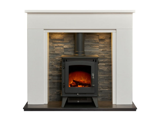 Rimini White Marble Fireplace with Downlights & Echo Electric Stove in Charcoal Grey, 48 Inch