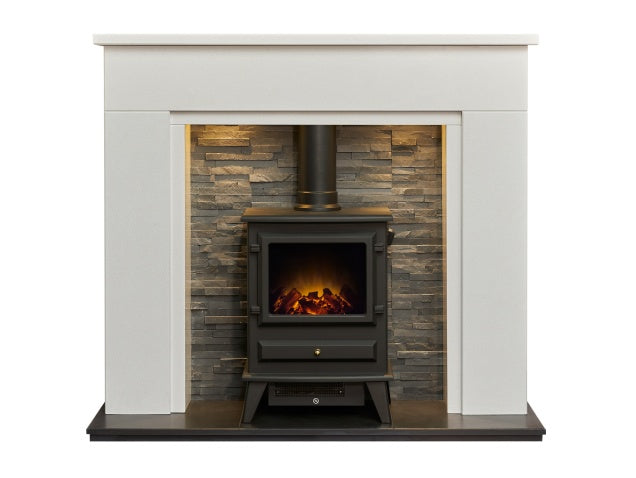 Rimini White Marble Fireplace with Downlights & Hudson Electric Stove in Black, 48 Inch