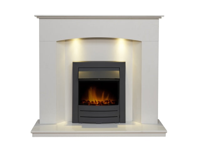 Tuscon Sparkly White Marble Fireplace with Downlights & Colorado Electric Fire in Black, 48 Inch