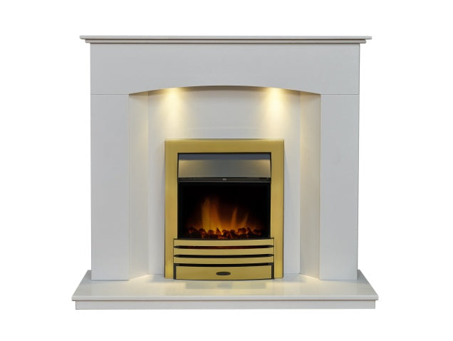 Tuscon Sparkly White Marble Fireplace with Downlights & Eclipse Electric Fire in Brass, 48 Inch