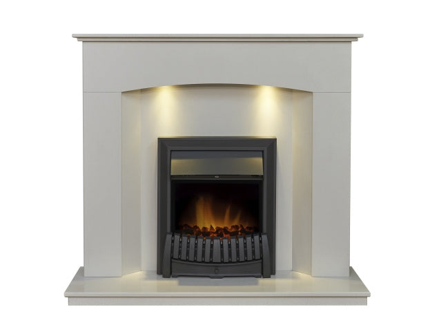 Tuscon Sparkly White Marble Fireplace with Downlights & Elan Electric Fire in Black, 48 Inch