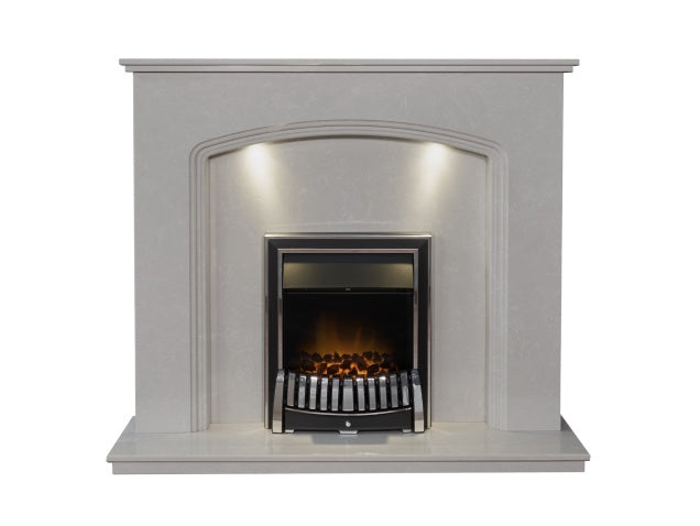 Vienna Perola Marble Fireplace with Downlights & Elan Electric Fire in Chrome, 54 Inch