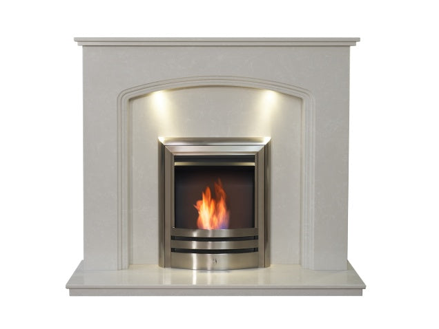 Vienna Perola Marble Fireplace with Downlights & Vela Bio Ethanol Fire in Brushed Steel, 54 Inch