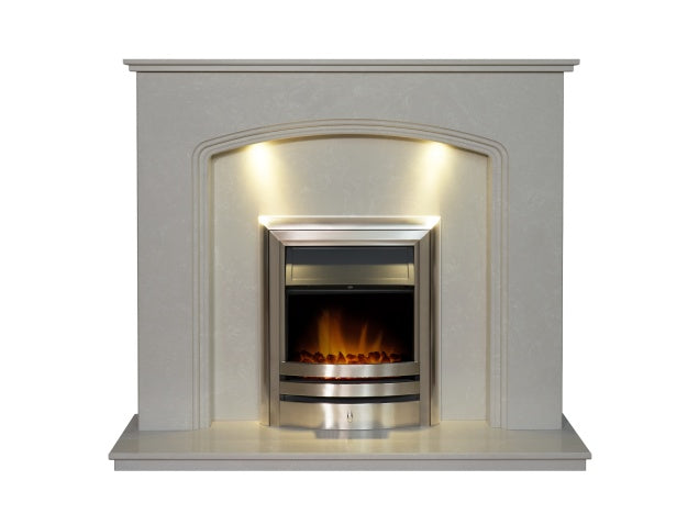 Vienna Perola Marble Fireplace with Downlights & Vela Electric Fire in Brushed Steel, 54 Inch