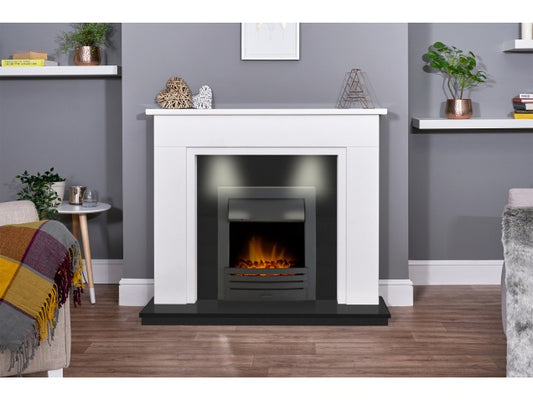 Montreal 48" Marble Fireplace in China White with Eclipse in Black Remote Control- Lights - 4.65" Rebate