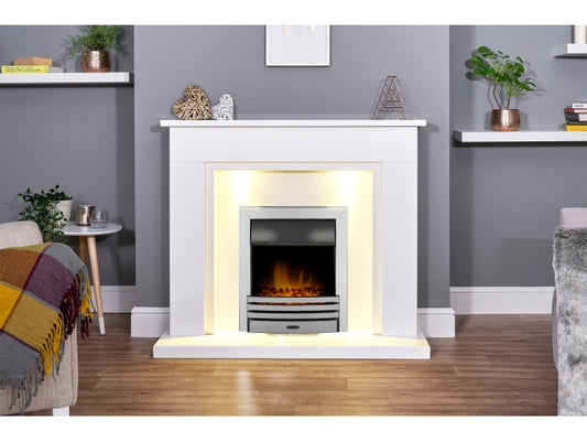 Montreal 48" Marble Fireplace in China White with Eclipse in Chrome Remote Control- Lights - 4.65" Rebate