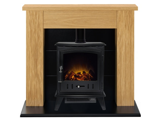 Chester Stove Suite in Oak with Aviemore Electric Stove in Black, 39 Inch