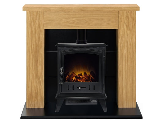 Chester Stove Suite in Oak with Aviemore Electric Stove in Black, 39 Inch