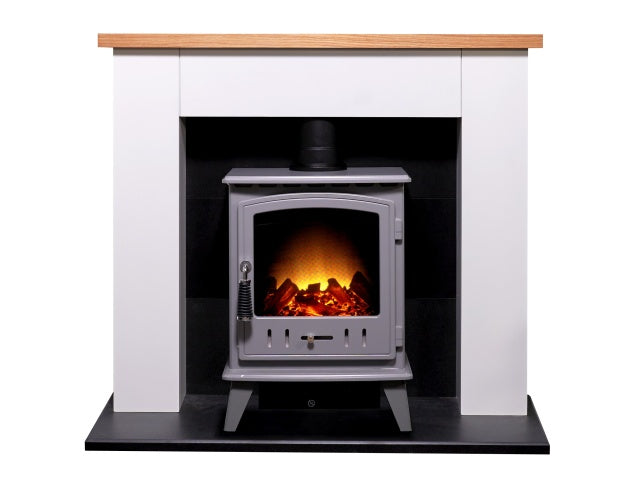 Chester Stove Suite in Pure White with Aviemore Electric Stove in Grey Enamel, 39 Inch