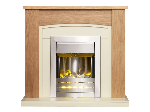 Chilton Fireplace in Oak & Cream with Helios Electric Fire in Brushed Steel, 39 Inch